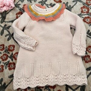 Charming Pink Knit Dress with Colorful Collar